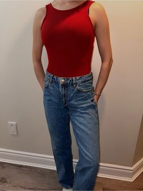 Red Ribbed Tank Bodysuit